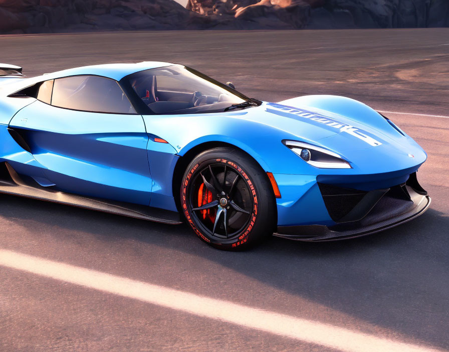 Blue Sports Car with Black Accents and Orange Brake Calipers on Desert Road