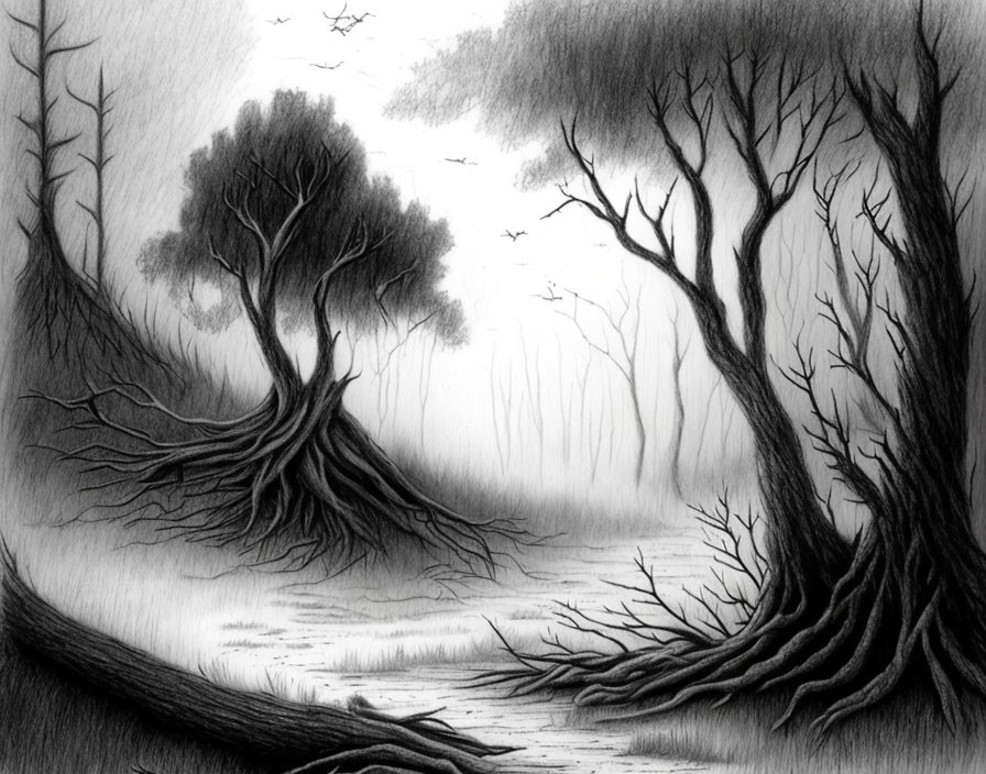 Monochrome sketch of misty forest with gnarled trees and path, birds in gloomy sky