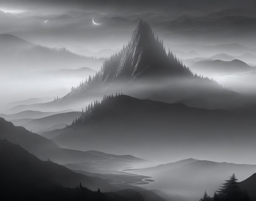 Monochromatic landscape with layered mountains and crescent moon