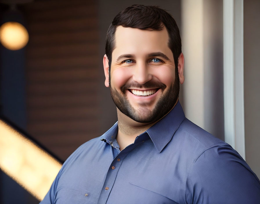 Bearded man in blue shirt on blurred background