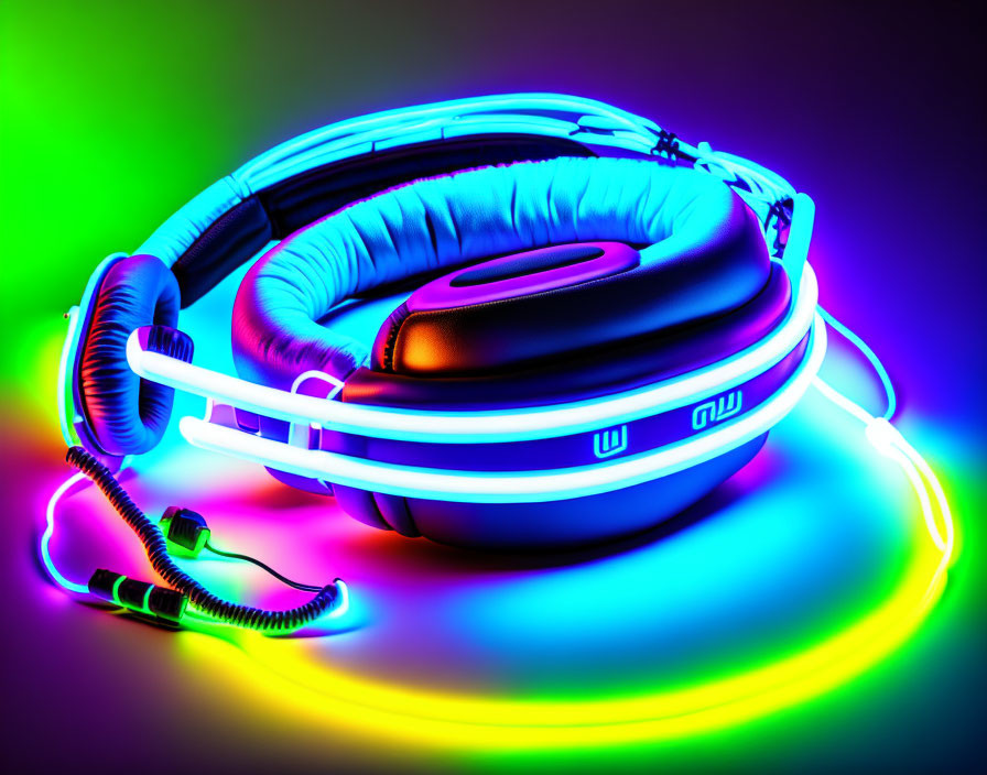 Vibrant neon lights on headphones reflecting on glossy surface