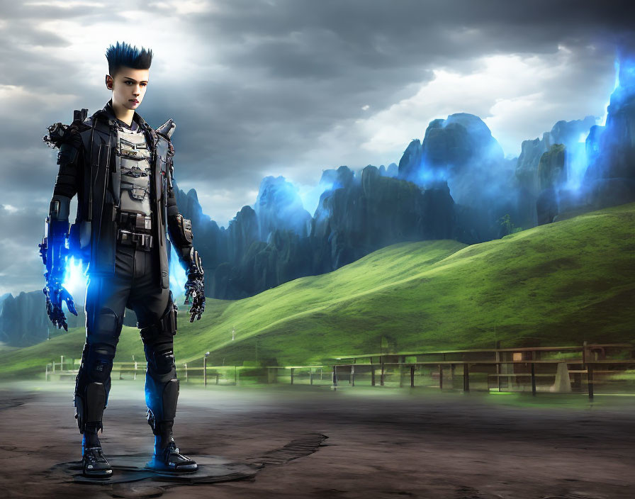 Futuristic male character with mohawk wields blue energy weapons in mountainous landscape