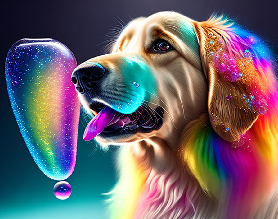 Colorful digital artwork: Golden retriever with multicolored coat and iridescent bubble on dark