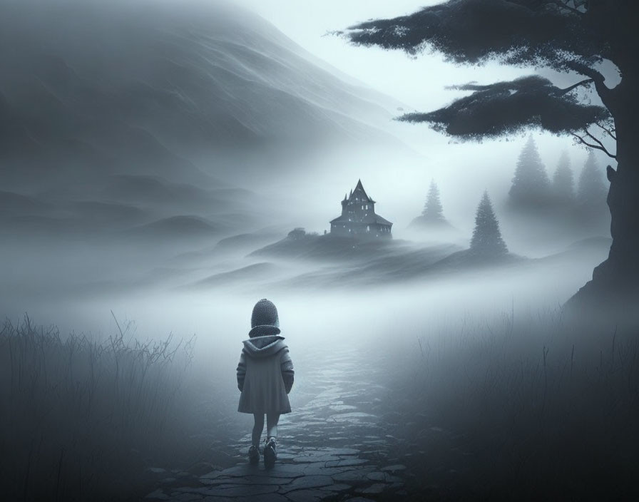 Child walking on misty path towards distant house in shadowy, hilly landscape.