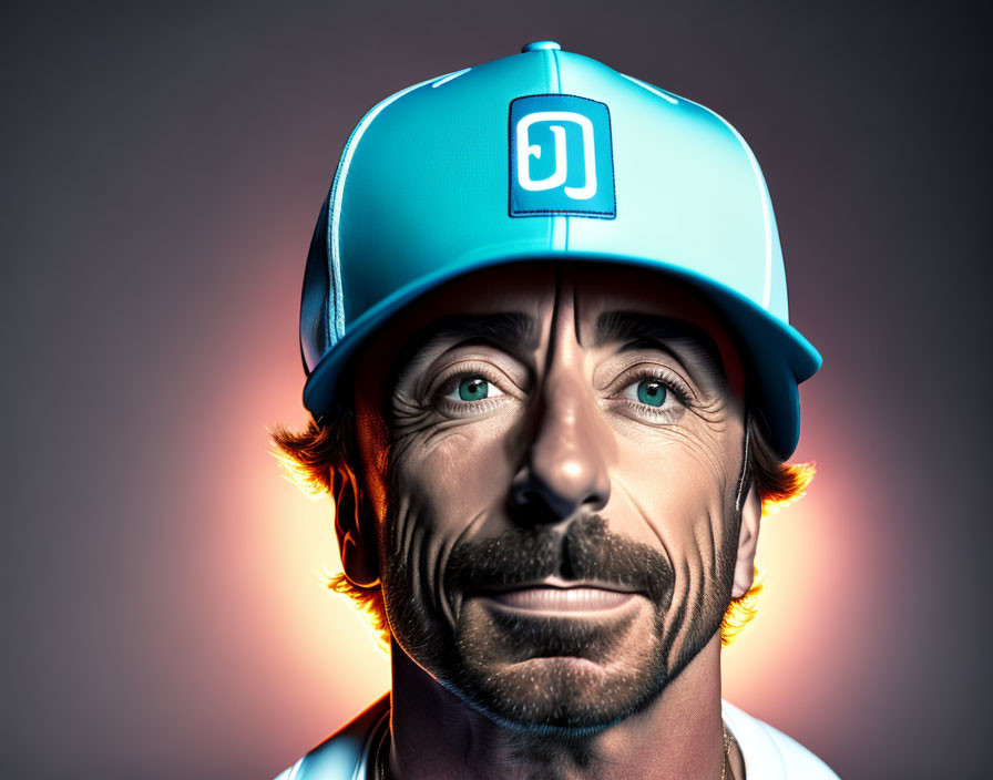 Exaggerated facial features on individual with blue cap in stylized image