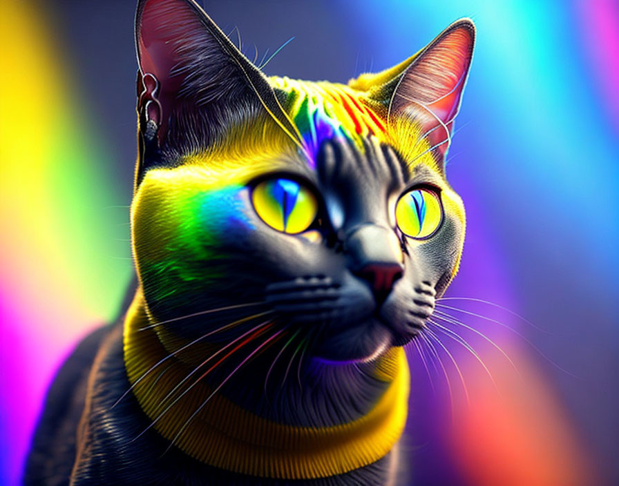 Colorful Digital Art: Neon Cat with Glowing Blue Eyes on Multicolored Background