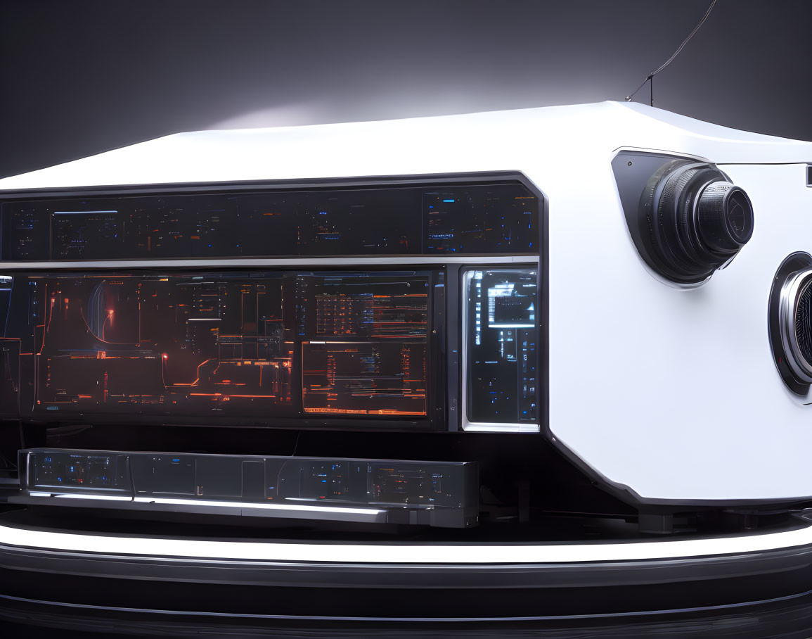 Futuristic white vehicle dashboard with holographic displays and steering wheel