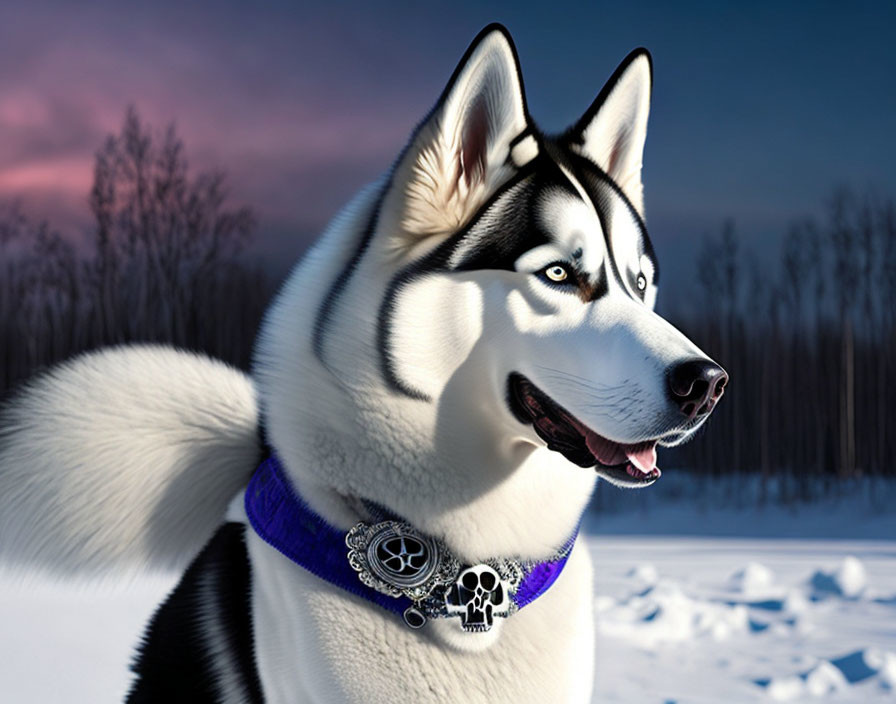 Siberian Husky with Blue Eyes in Snowy Landscape at Dusk