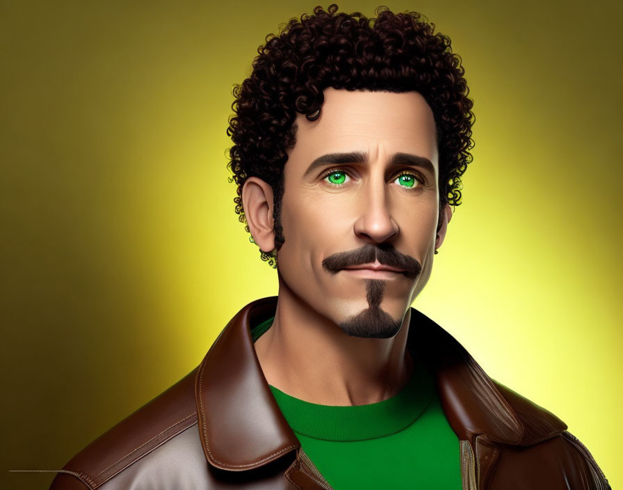 Man with Curly Hair and Beard in Green Shirt and Brown Jacket on Yellow Background