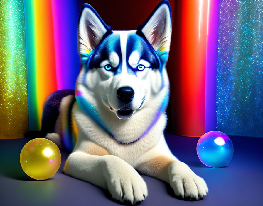 Siberian Husky with Blue Eyes Surrounded by Colorful Glowing Pillars