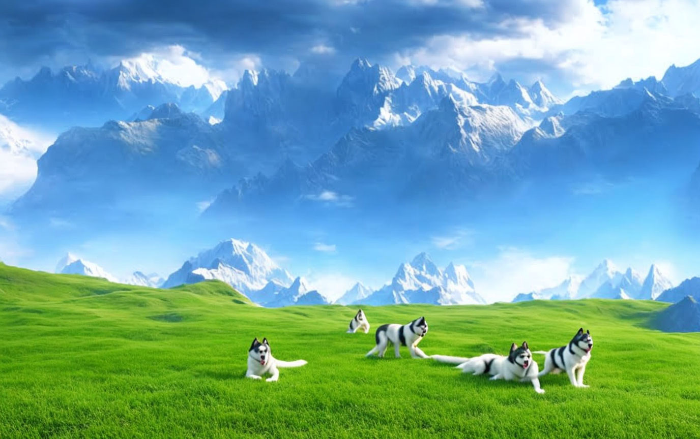 Four Husky Dogs in Vibrant Green Meadow with Snow-Capped Mountains