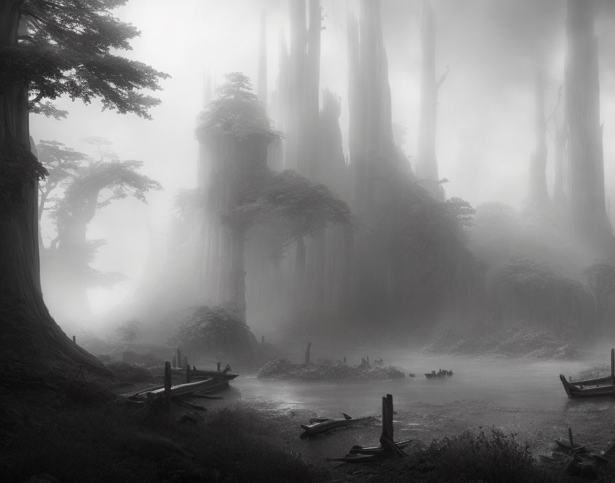 Misty forest with towering trees, tranquil river, abandoned boats in foggy landscape