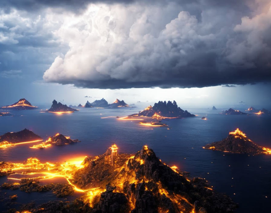 Coastal landscape at dusk with illuminated roads and stormy sky