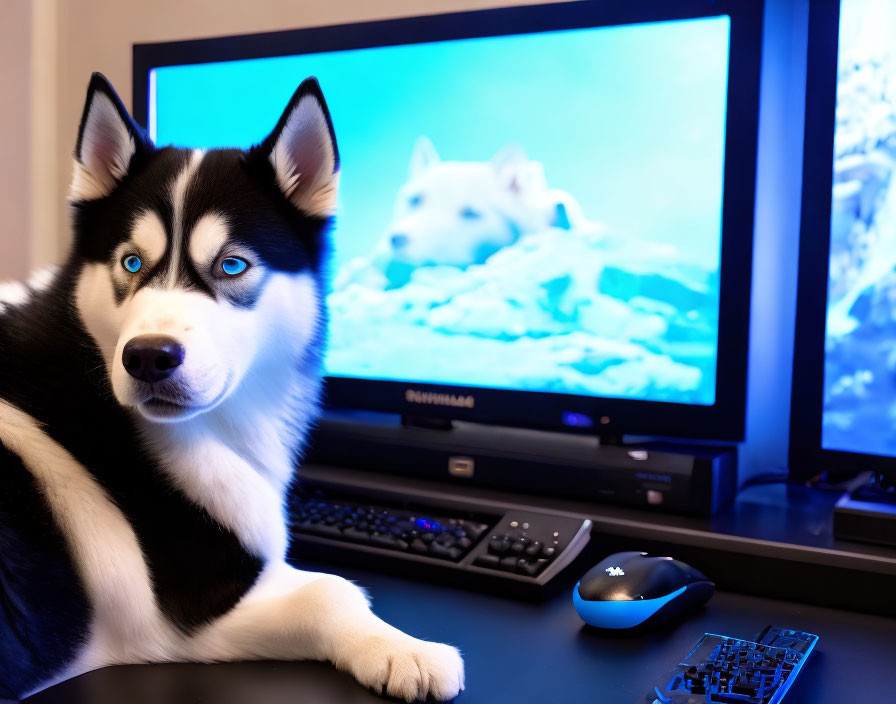 Siberian Husky with blue eyes in front of computer screen showing another Husky