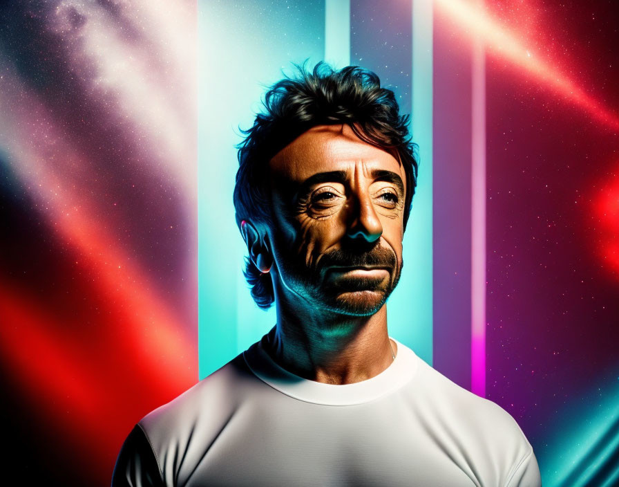 Vibrant portrait of a man with expressive eyes in cosmic and neon pink-blue backdrop