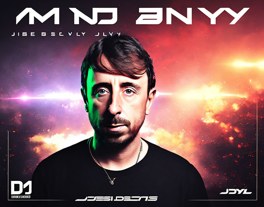 Promotional DJ image: man in black with stylized text, fiery cosmic background, DJ logos.