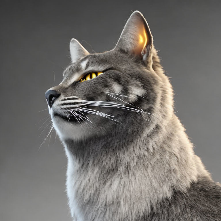 Majestic gray cat with yellow eyes and tufted ears on gray background