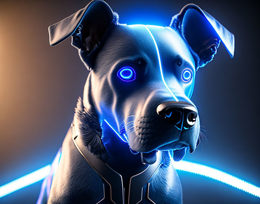 Digital image: Glowing blue cybernetic dog on dark backdrop