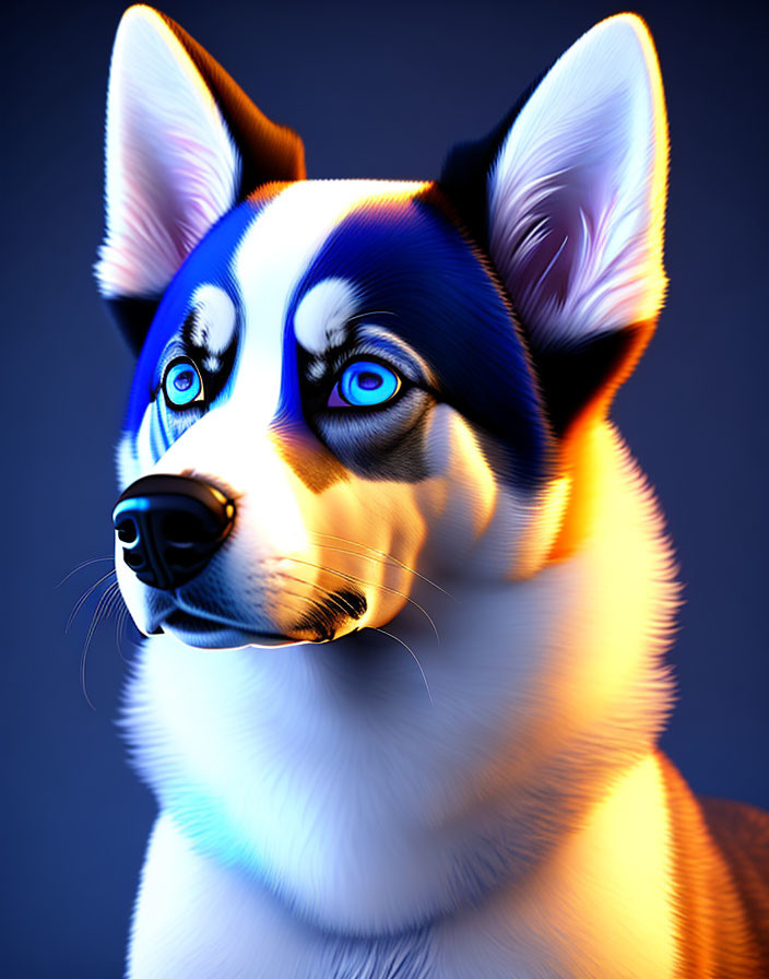 Stylized tricolor Pembroke Welsh Corgi with glowing blue eyes on dark blue background