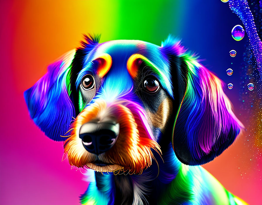 Colorful Dog Artwork with Rainbow Background and Reflective Bubbles