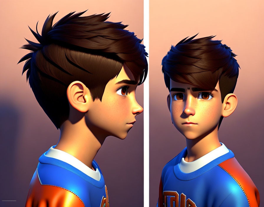 Stylized animated boy with spiky hair in jersey, determined expression, soft background