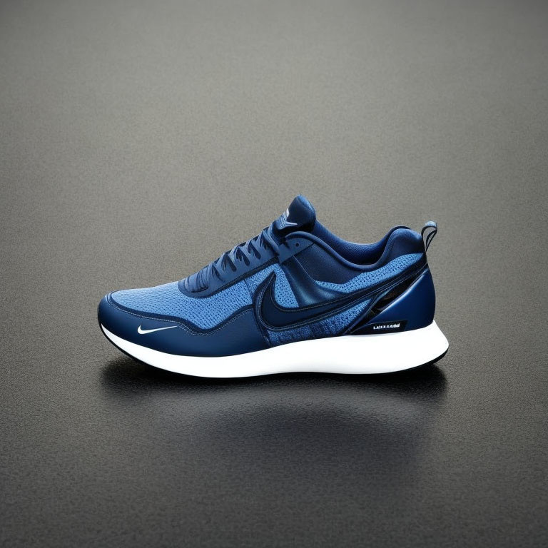 Blue Nike Sneaker with White Sole and Swoosh Logo on Dark Background