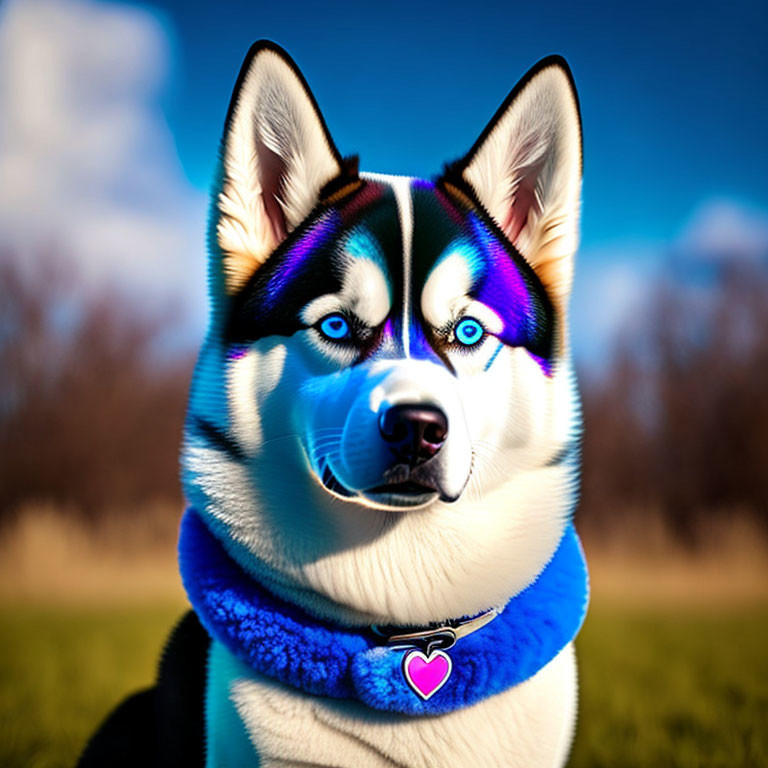 Blue-eyed Husky with Colorful Face and Heart Tag Outdoors