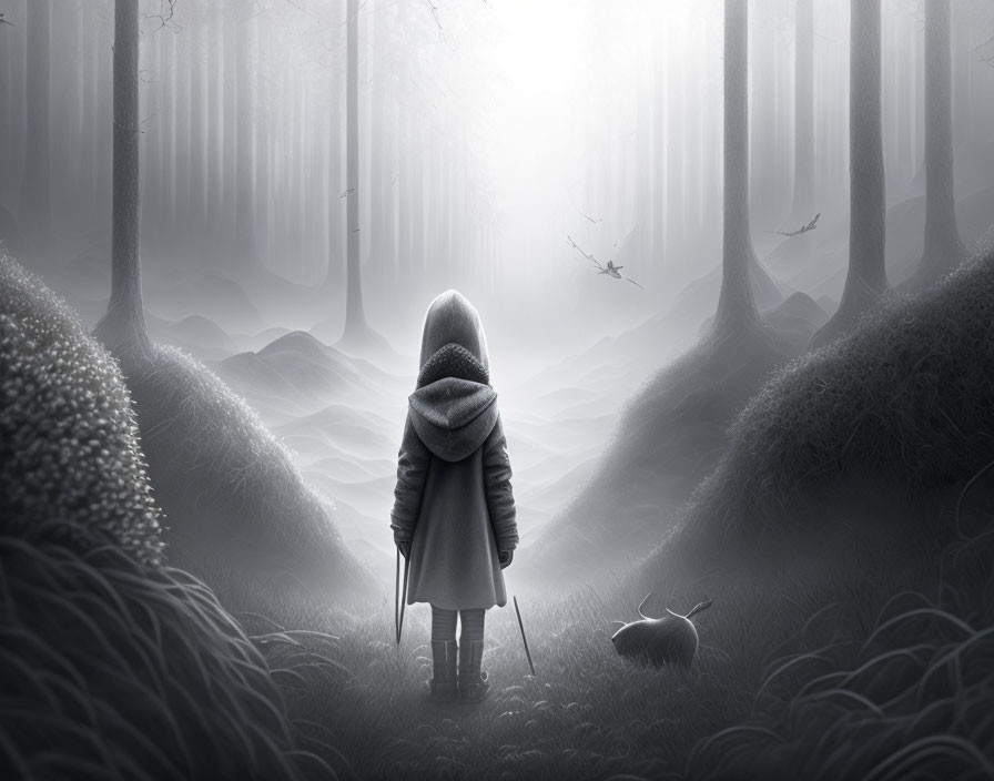 Hooded figure in misty forest with dog and birds