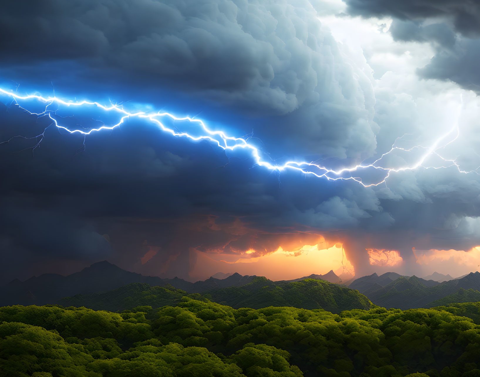 Dramatic landscape with storm clouds, lightning bolts, and sunset over mountains