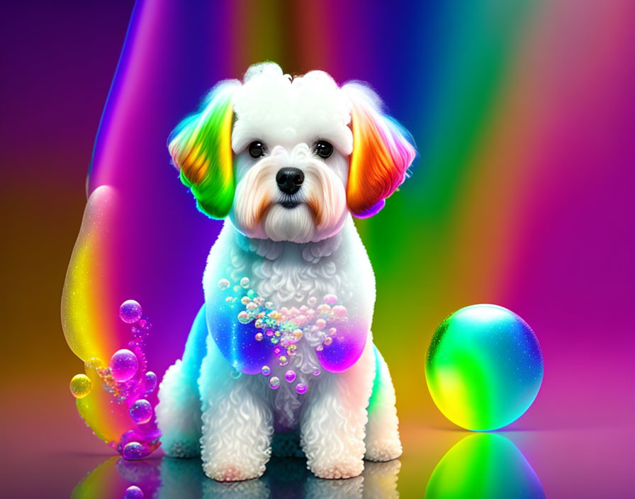 Colorful Digital Artwork: White Fluffy Dog with Rainbow Ears, Bubbles, and Sh