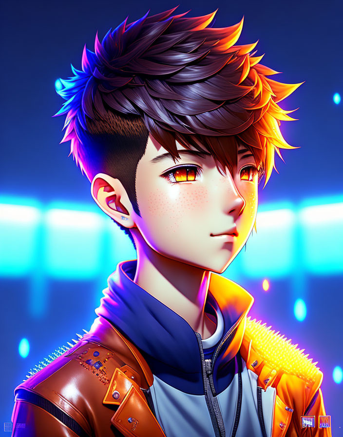 Stylized digital art: young male with dark-to-orange spikey hair in neon-lit backdrop