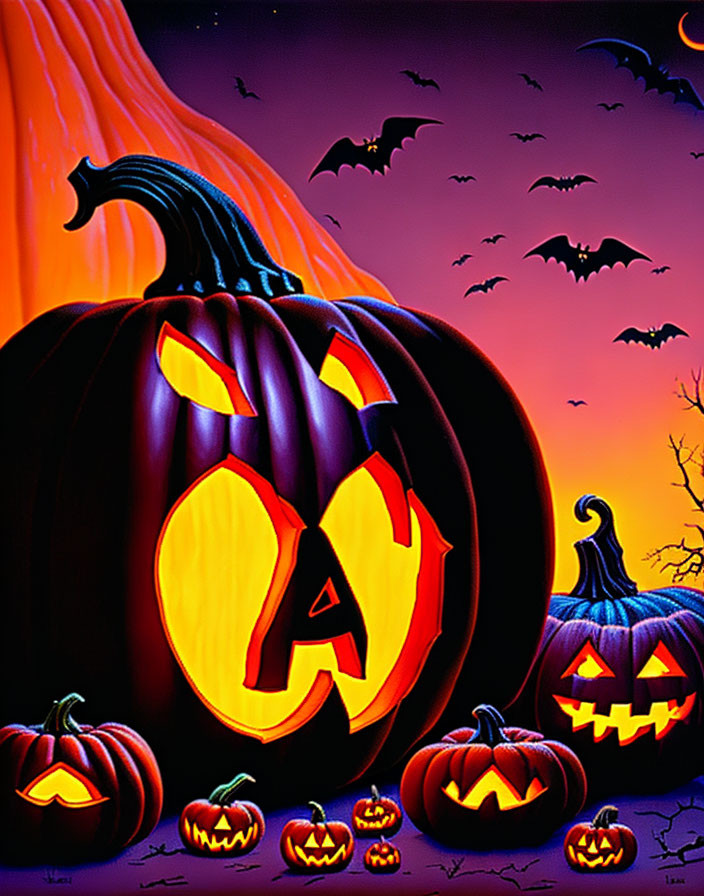 Spooky Halloween scene with glowing pumpkins, bats, and crescent moon