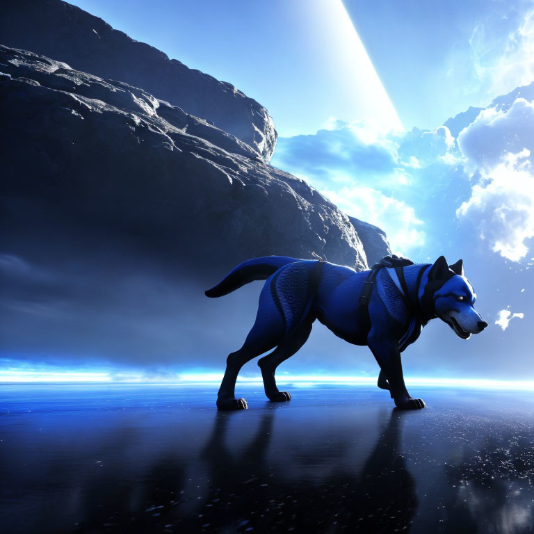 Majestic dog in futuristic armor on reflective surface with rocky cliff and bright light