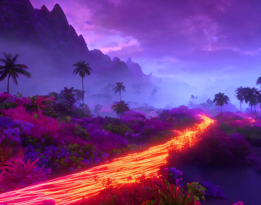 Vibrant digital landscape with lava river, purple flora, and mountain backdrop