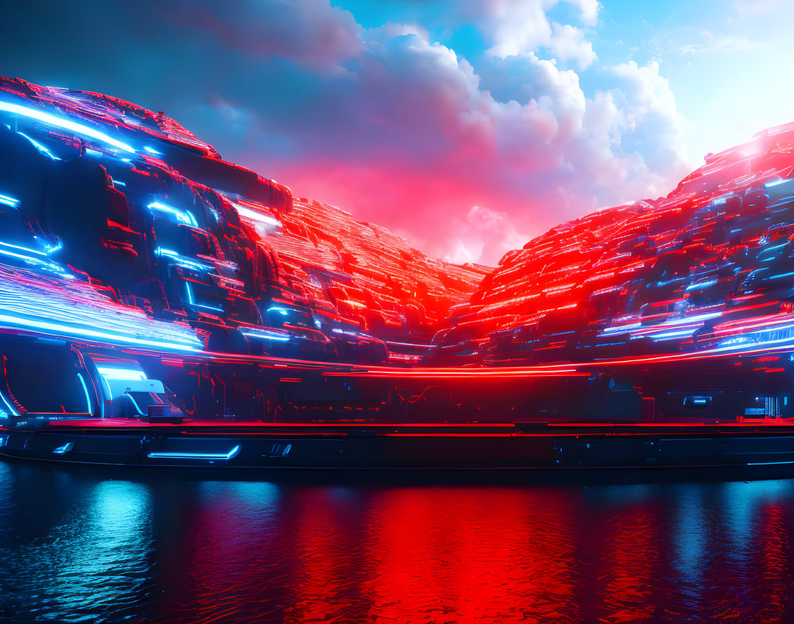 Futuristic cityscape with glowing neon lights at dusk