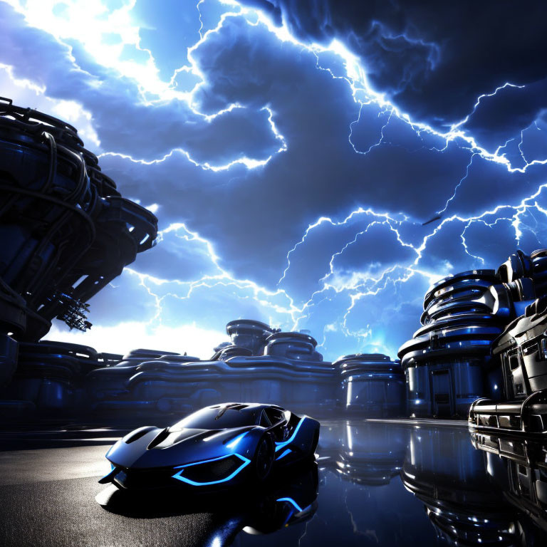 Futuristic black sports car with lightning and futuristic cityscape