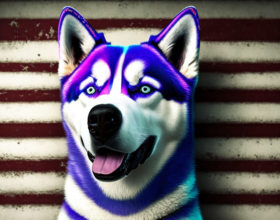 Digitally altered husky dog with purple fur highlights and blue eyes on red & white background