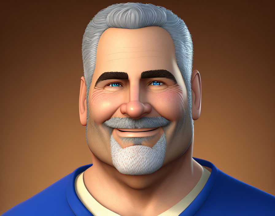 Smiling man with grey hair in blue shirt on orange background