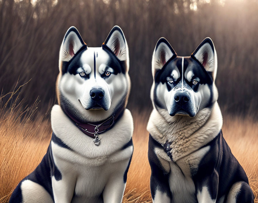 Two Siberian Huskies with Blue Eyes in Field of Tall Grass