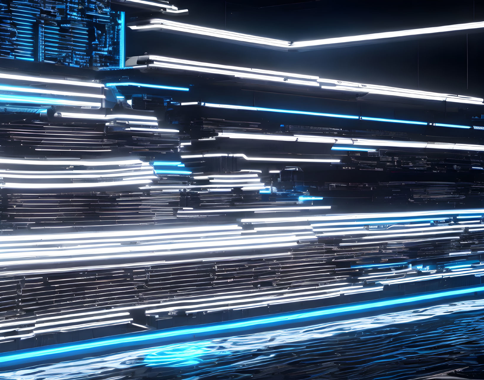 Glowing blue and white light trails in futuristic digital landscape