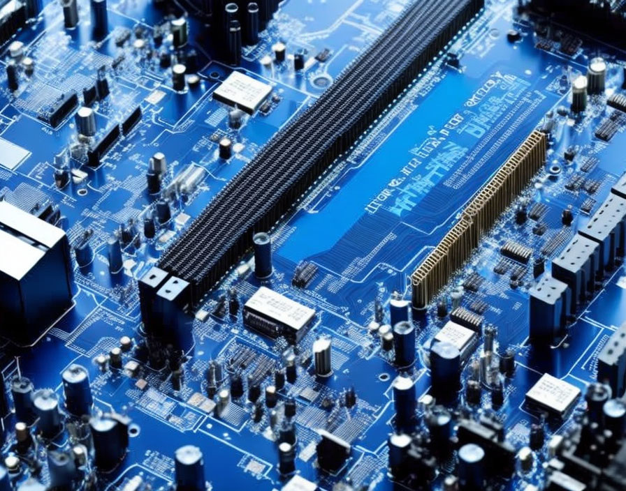 Detailed view of blue printed circuit board with capacitors, resistors, and CPU socket.