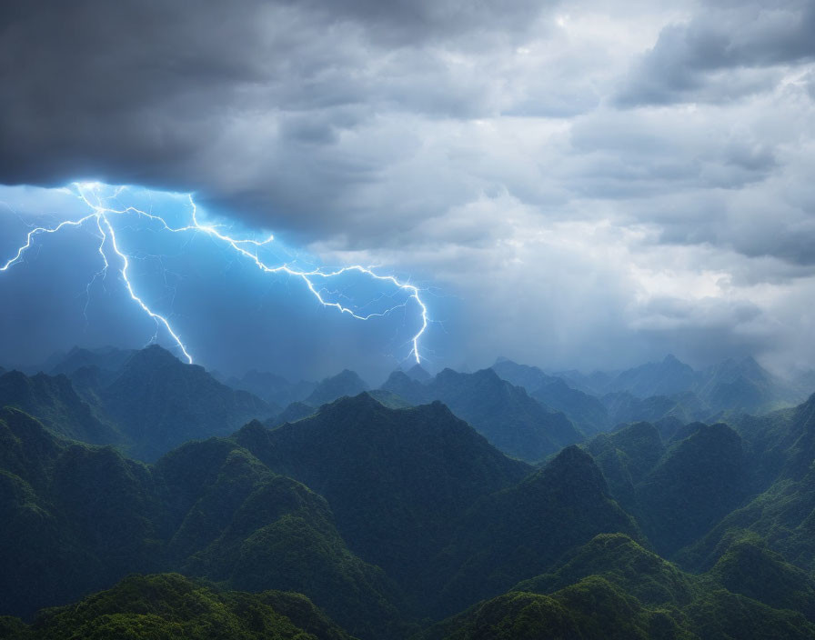 Dramatic lightning strike over rugged mountain range