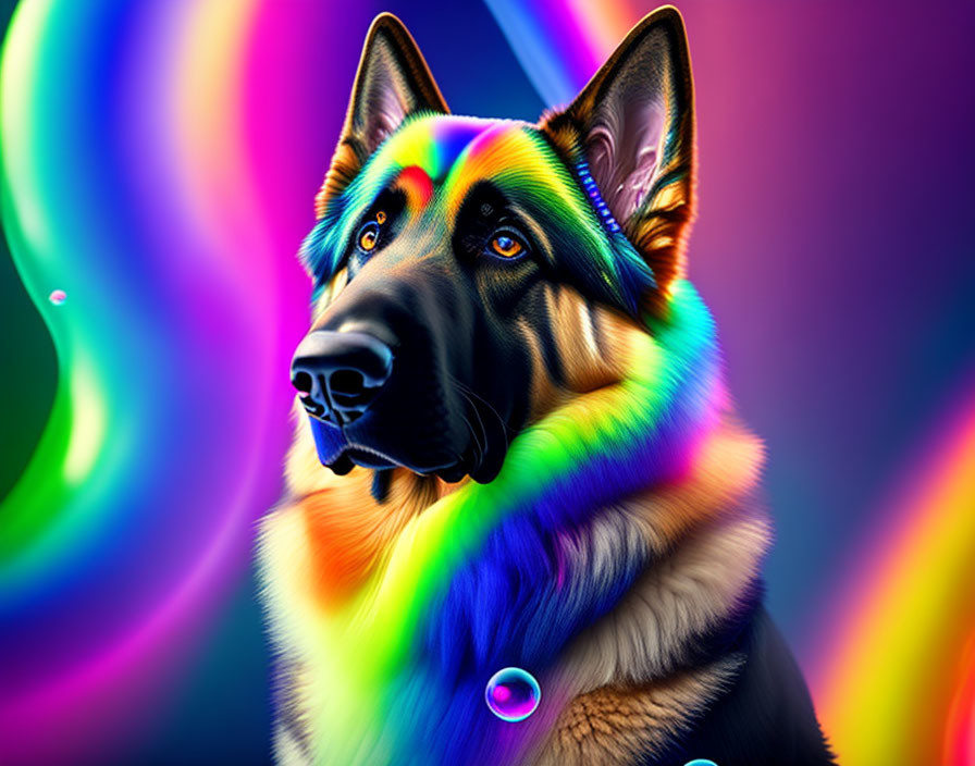 Digitally-Enhanced German Shepherd Portrait with Rainbow Aura