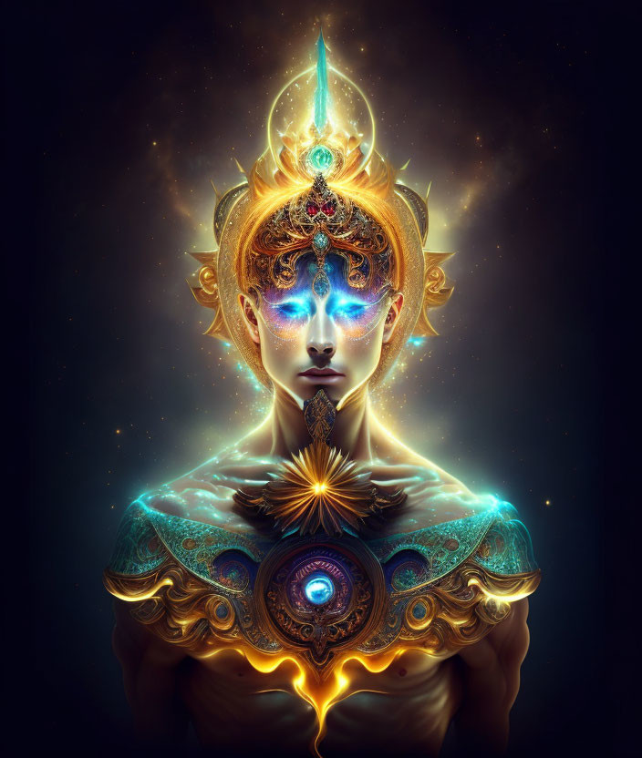 Digital Artwork: Mystical Being with Glowing Blue Eyes and Elaborate Golden Headpiece