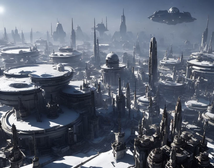 Futuristic snowy cityscape with tall buildings and flying vehicles