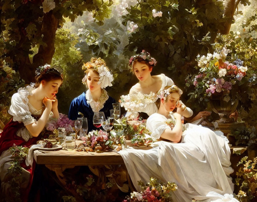 Four Women in Vintage Dresses Seated at Garden Table with Fruits and Wine