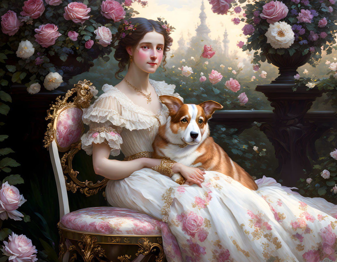 Portrait of woman in white dress with Corgi against floral backdrop