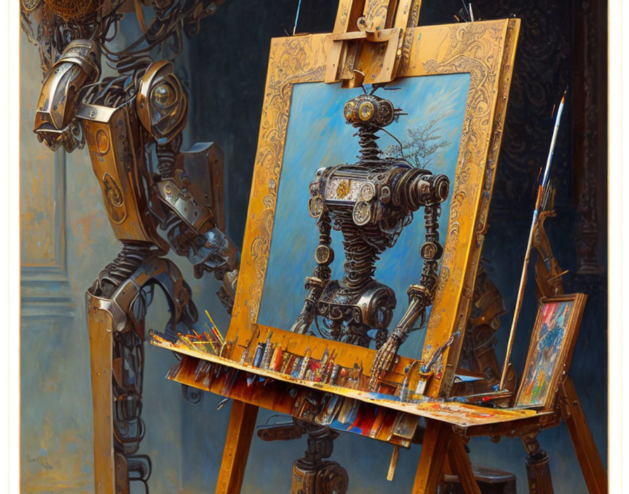 Detailed robotic figure in artist's studio surrounded by painting tools