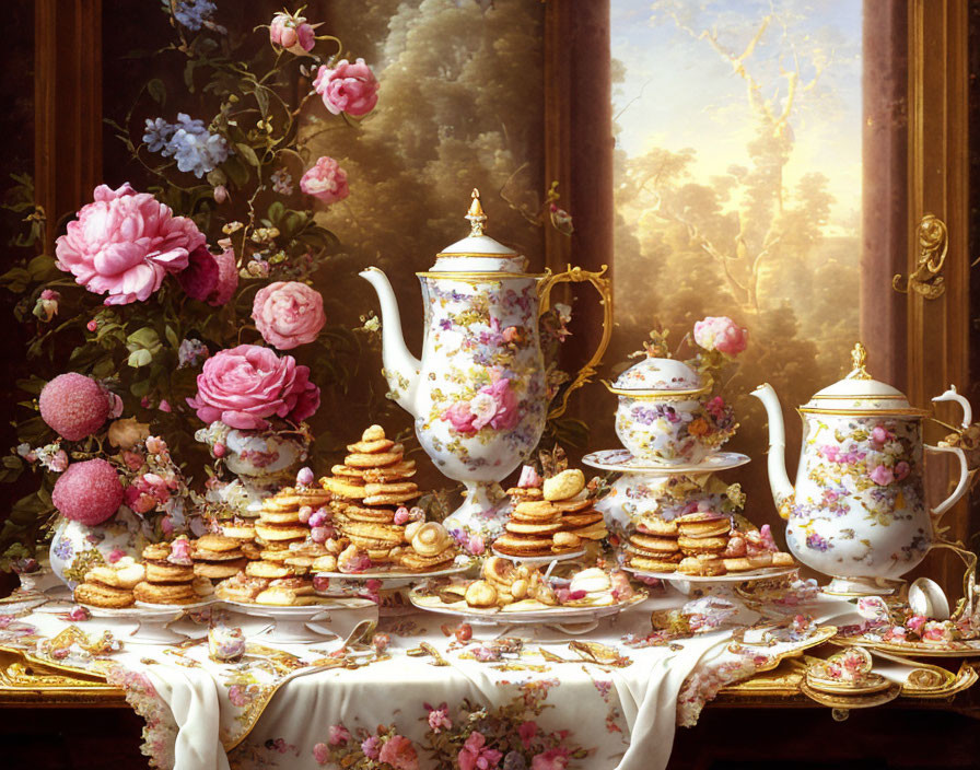 Floral-patterned tea set with pastries on lace-draped table by grand window