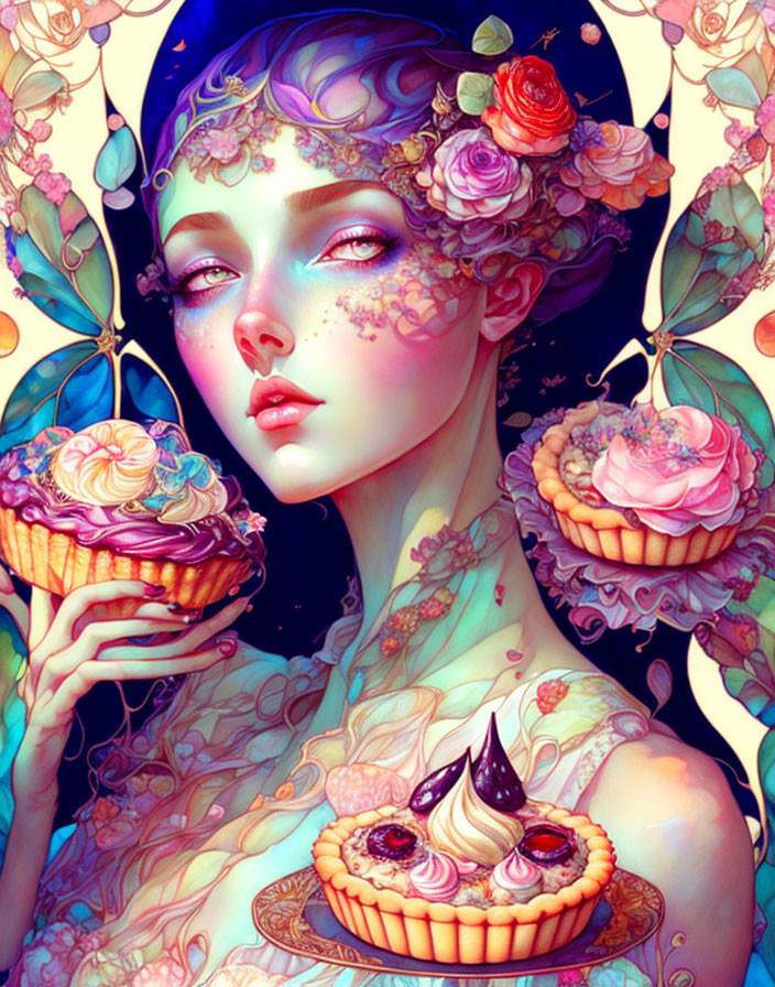 Whimsical woman with floral hair accessories holding ornate cupcakes on vibrant background